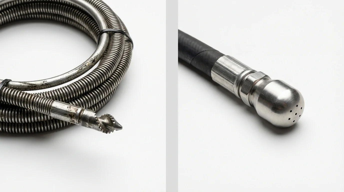 Drain snake cable and hydro jetting nozzle used for drain cleaning in Mascoutah, IL