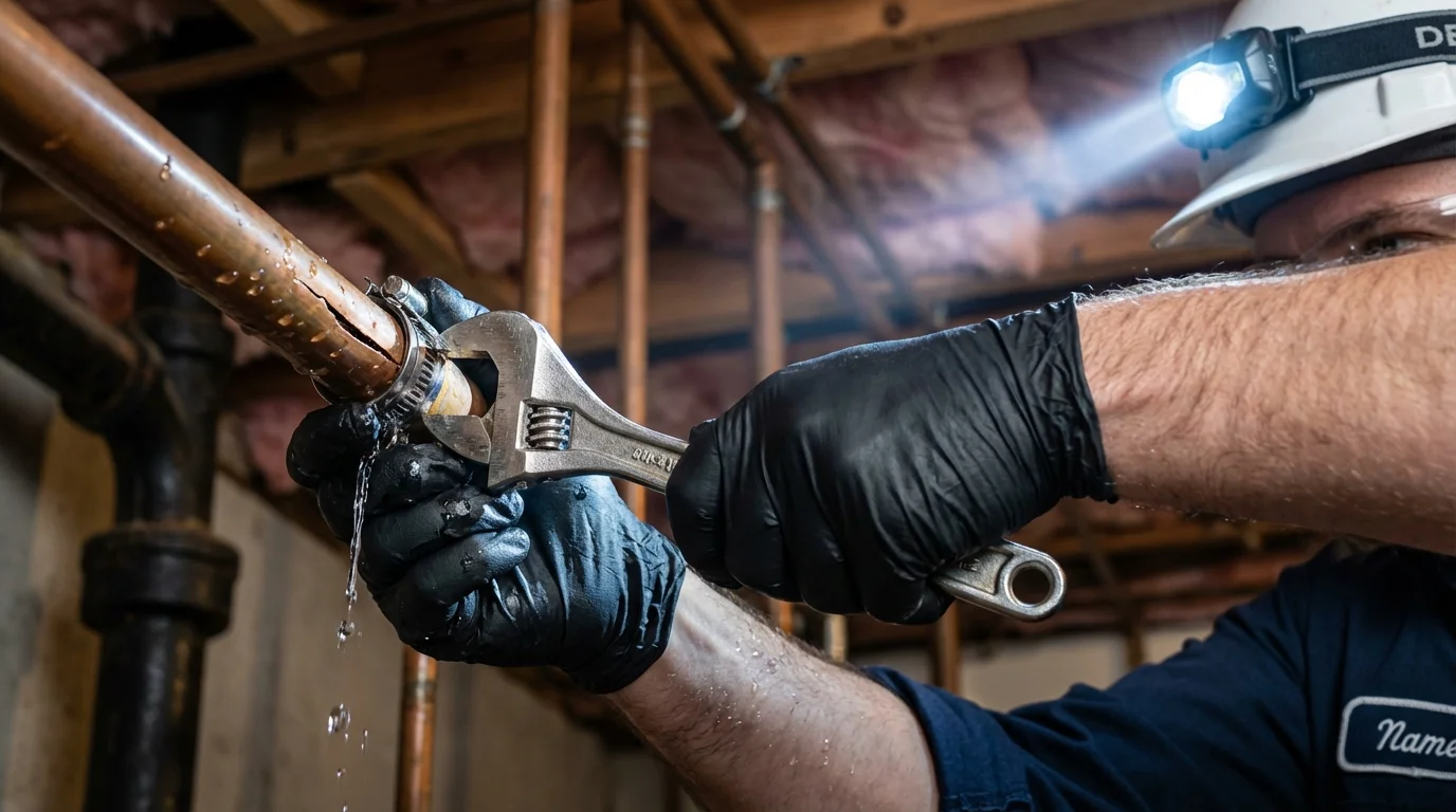 Emergency pipe clamp repair being performed by a Johns Plumbing LLC plumber in Mascoutah