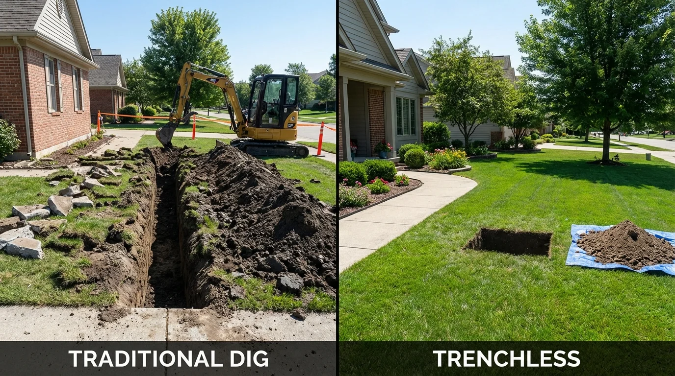 Trenchless sewer repair with minimal yard damage versus traditional excavation in Mascoutah, IL