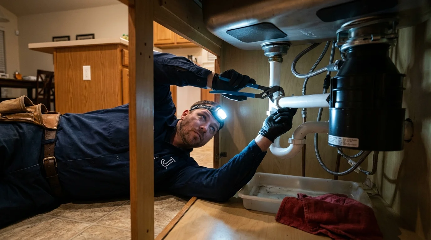P-trap and supply line connections under a kitchen sink showing a common leak point in Mascoutah, IL